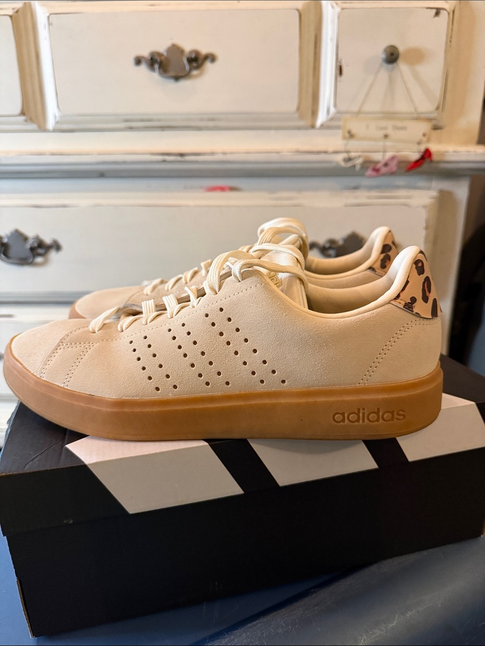 adidas Advantage 2.0 Cream Suede Sneakers with Gum Sole and Leopard Heel Tab